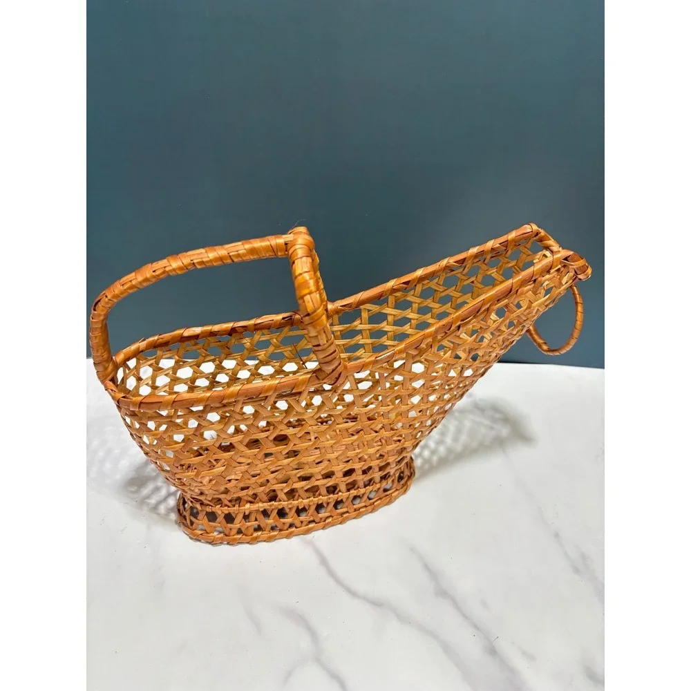 Vintage Wicker Wine Bottle Cradle Holder Woven Rattan Pourer Basket with Handle